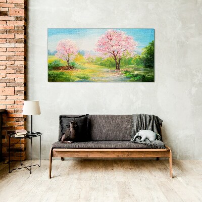 Glasbild Frühlingsbäume in rosa Blüte