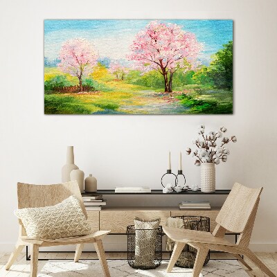 Glasbild Frühlingsbäume in rosa Blüte
