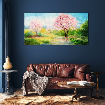 Glasbild Frühlingsbäume in rosa Blüte