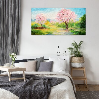 Glasbild Frühlingsbäume in rosa Blüte