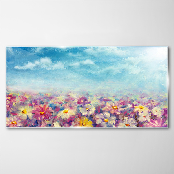 Glasbild Blumenlandschaft in Blau