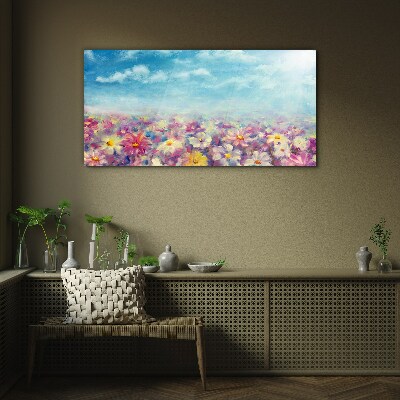Glasbild Blumenlandschaft in Blau