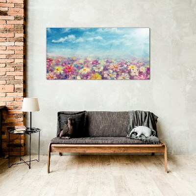 Glasbild Blumenlandschaft in Blau