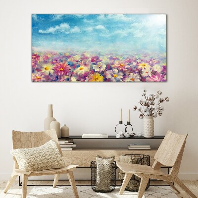 Glasbild Blumenlandschaft in Blau