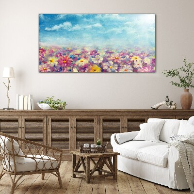 Glasbild Blumenlandschaft in Blau