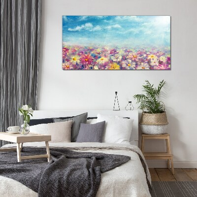 Glasbild Blumenlandschaft in Blau