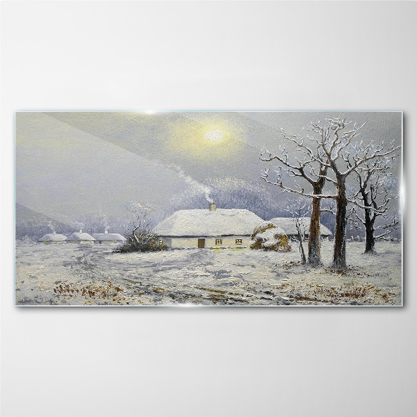 Glas bild Winterlandschaft Hütten Bäume