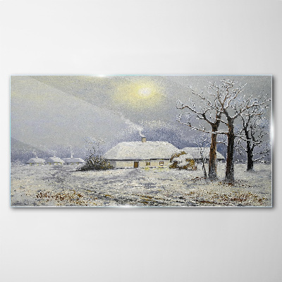 Glas bild Winterlandschaft Hütten Bäume