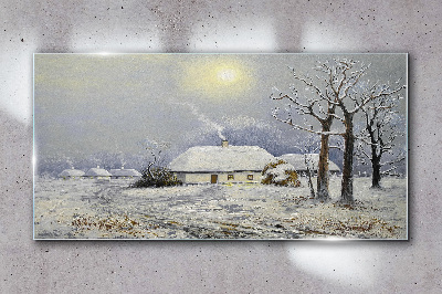 Glas bild Winterlandschaft Hütten Bäume