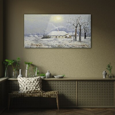 Glas bild Winterlandschaft Hütten Bäume