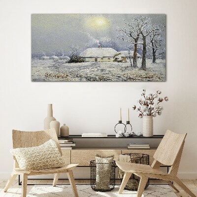 Glas bild Winterlandschaft Hütten Bäume