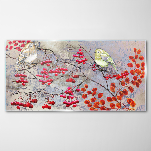Glasbild Vögel auf einem Zweig mit Früchten
