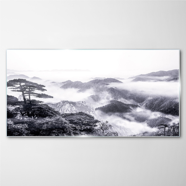 Glasbild Nebliges Bergpanorama