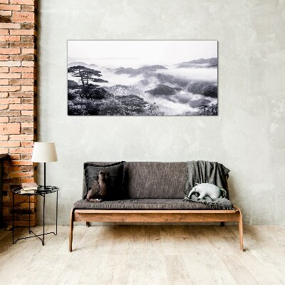 Glasbild Nebliges Bergpanorama