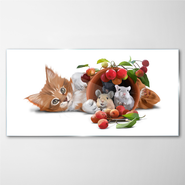 Glasbild Katze mit Mäusen und Früchten
