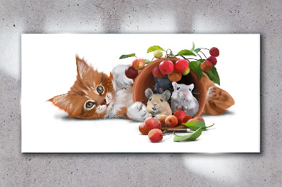 Glasbild Katze mit Mäusen und Früchten