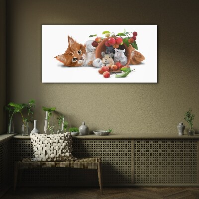 Glasbild Katze mit Mäusen und Früchten