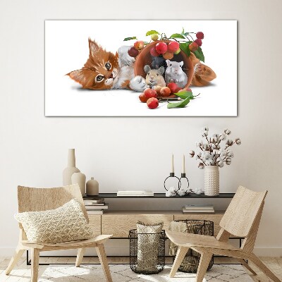 Glasbild Katze mit Mäusen und Früchten