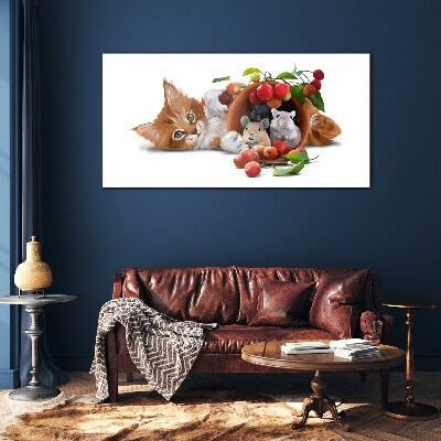 Glasbild Katze mit Mäusen und Früchten