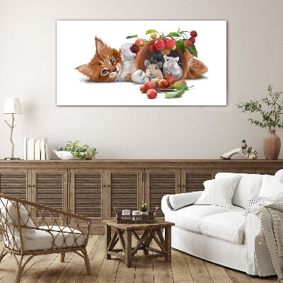 Glasbild Katze mit Mäusen und Früchten