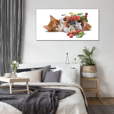 Glasbild Katze mit Mäusen und Früchten