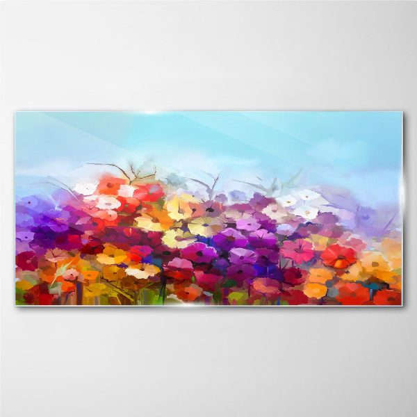 Glasbild Farbenfrohe Blumenlandschaft im Frühling