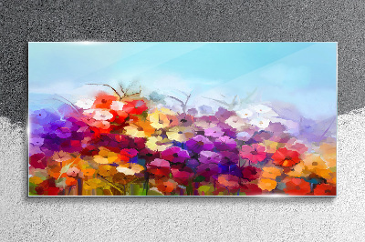 Glasbild Farbenfrohe Blumenlandschaft im Frühling