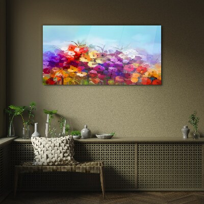Glasbild Farbenfrohe Blumenlandschaft im Frühling