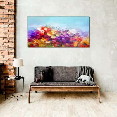 Glasbild Farbenfrohe Blumenlandschaft im Frühling