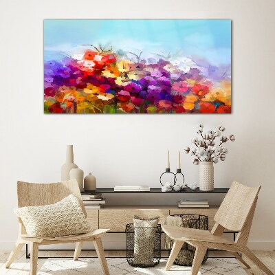 Glasbild Farbenfrohe Blumenlandschaft im Frühling
