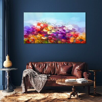 Glasbild Farbenfrohe Blumenlandschaft im Frühling