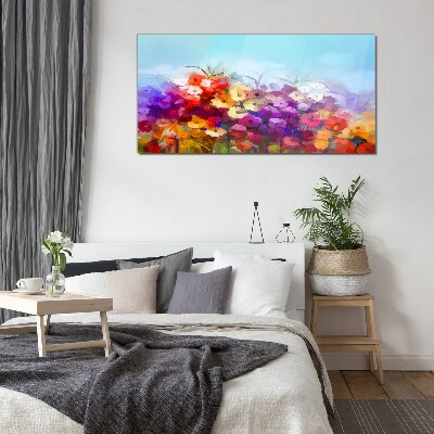 Glasbild Farbenfrohe Blumenlandschaft im Frühling