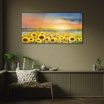 Glasbild Blumen Feld Sonnenblumen