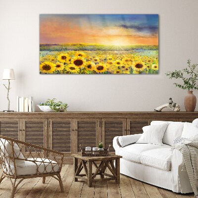 Glasbild Blumen Feld Sonnenblumen