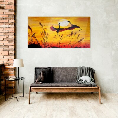 Glasbild Tanzende Kraniche bei Sonnenuntergang