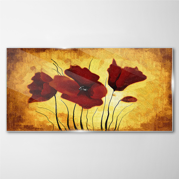 Glasbild Rote Mohnblumen auf gelbem Hintergrund