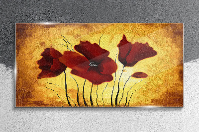 Glasbild Rote Mohnblumen auf gelbem Hintergrund