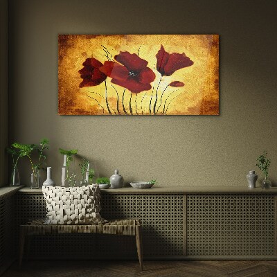 Glasbild Rote Mohnblumen auf gelbem Hintergrund