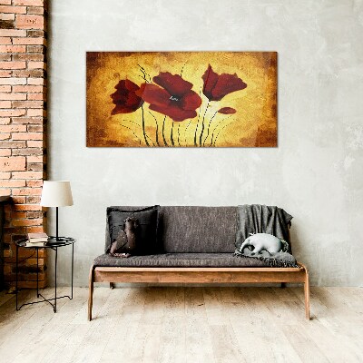 Glasbild Rote Mohnblumen auf gelbem Hintergrund