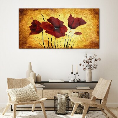 Glasbild Rote Mohnblumen auf gelbem Hintergrund