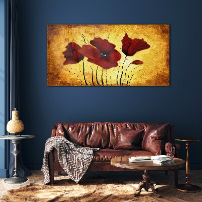 Glasbild Rote Mohnblumen auf gelbem Hintergrund