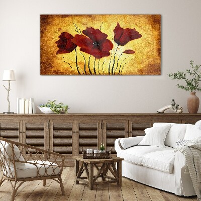 Glasbild Rote Mohnblumen auf gelbem Hintergrund