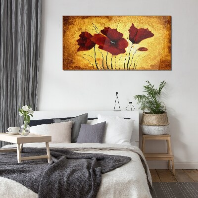 Glasbild Rote Mohnblumen auf gelbem Hintergrund