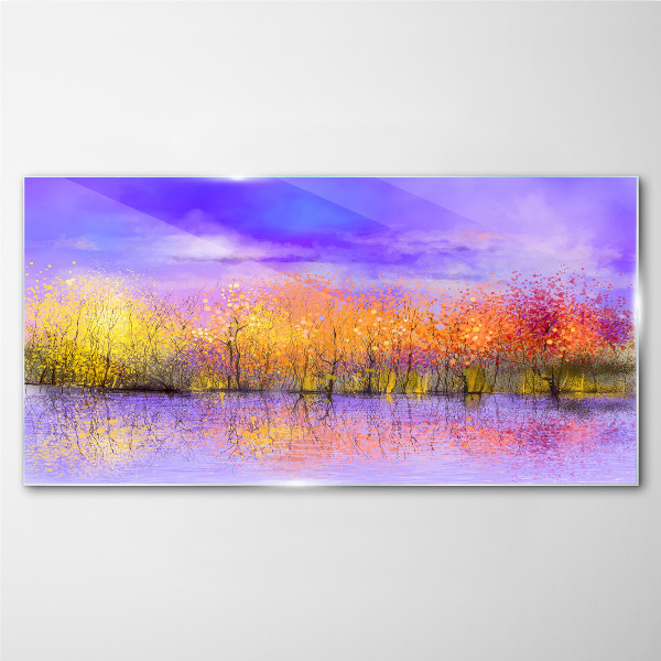 Glasbild Farbenfrohe Landschaft im Wasser spiegelt sich