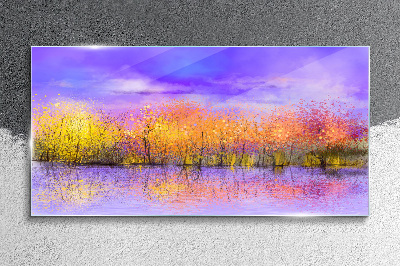 Glasbild Farbenfrohe Landschaft im Wasser spiegelt sich