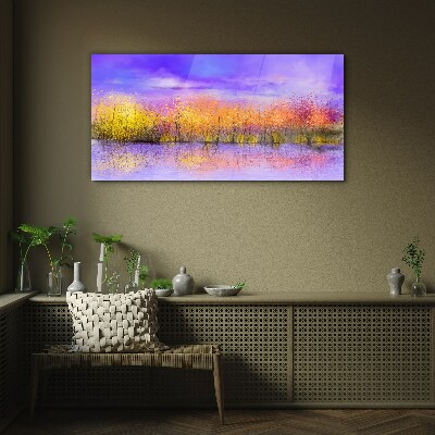 Glasbild Farbenfrohe Landschaft im Wasser spiegelt sich