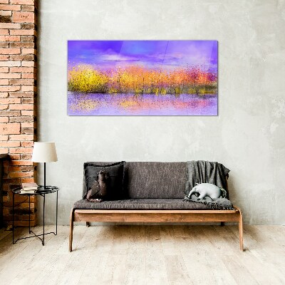 Glasbild Farbenfrohe Landschaft im Wasser spiegelt sich