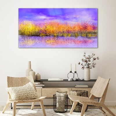 Glasbild Farbenfrohe Landschaft im Wasser spiegelt sich