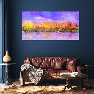 Glasbild Farbenfrohe Landschaft im Wasser spiegelt sich