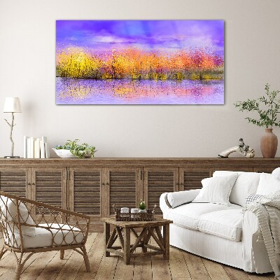 Glasbild Farbenfrohe Landschaft im Wasser spiegelt sich